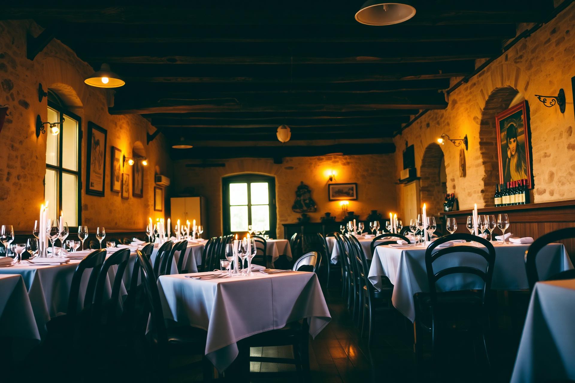 Sala della trattoria con tavoli apparecchiati e luce di candele